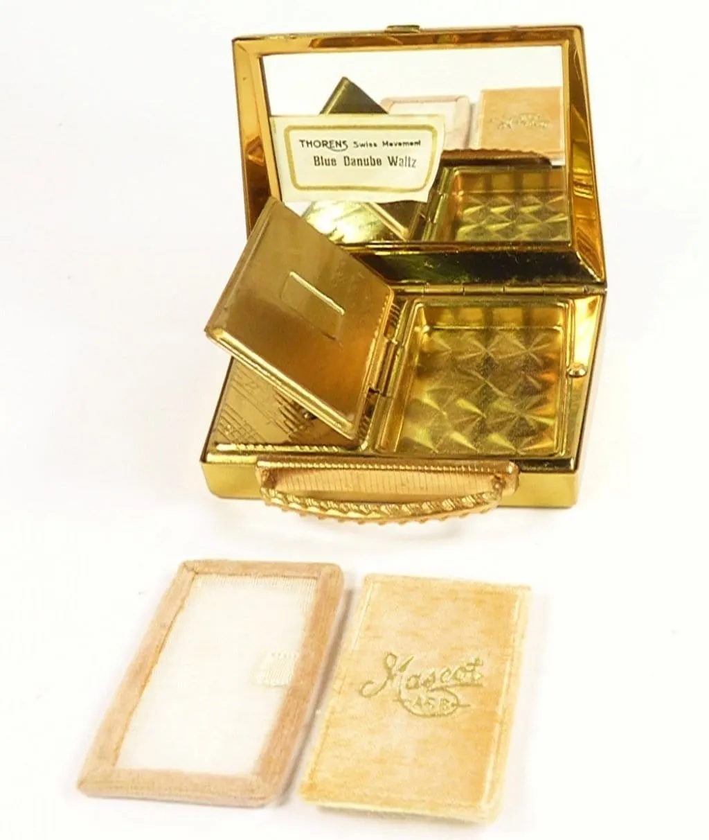 Mascot Musical Handbag Shaped Powder Compact With Puff And Sifter 1950s Unused