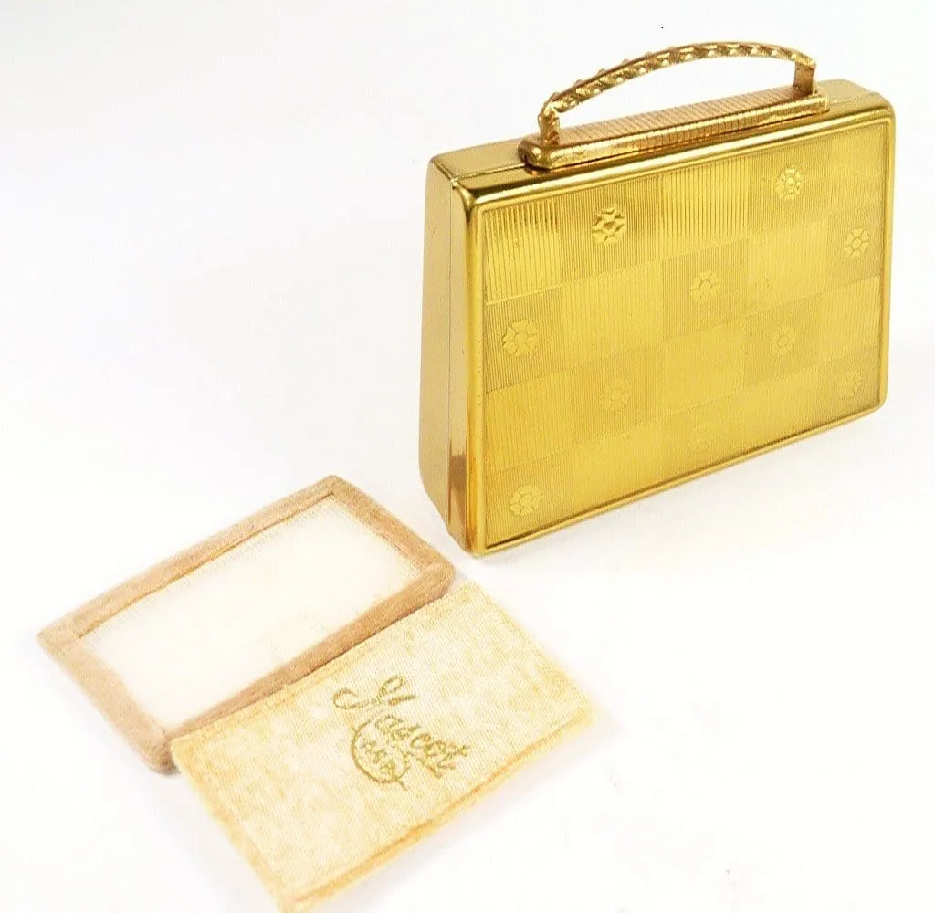 Mascot Musical Handbag Shaped Powder Compact With Puff And Sifter 1950s Unused