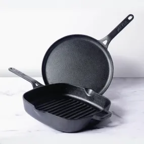 Meyer Cast Iron 2pcs Set - 25cm Grillpan   28cm Flat Dosa Tawa