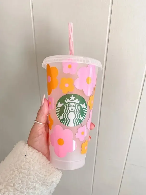 Myla Pink & Orange Retro Flowers Iced Coffee Starbucks Cup