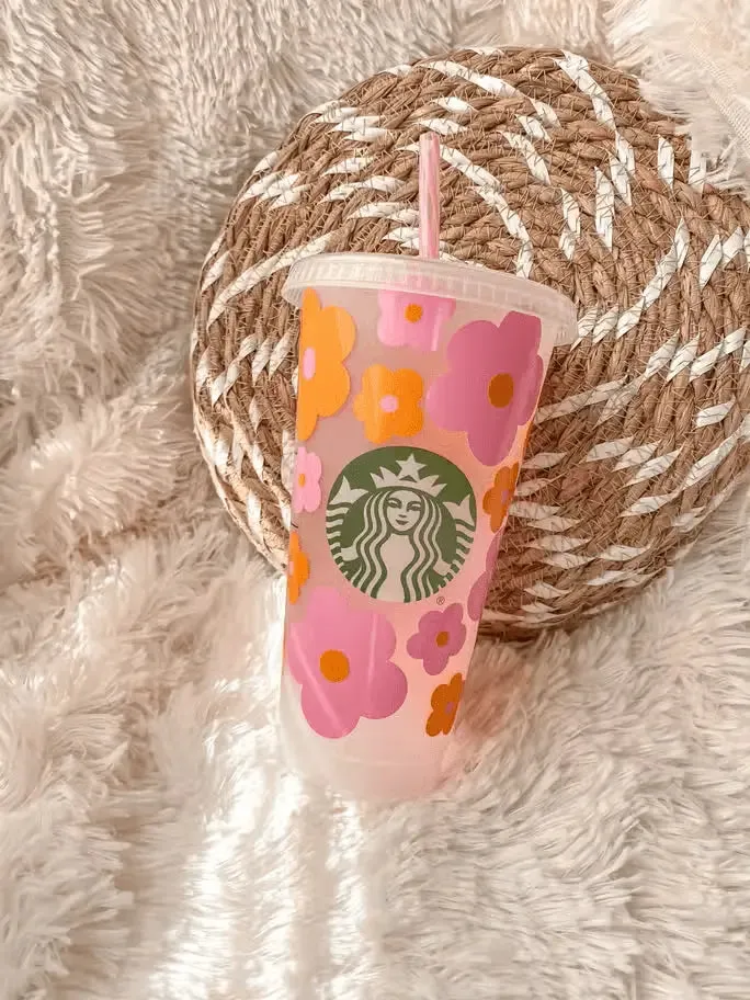 Myla Pink & Orange Retro Flowers Iced Coffee Starbucks Cup