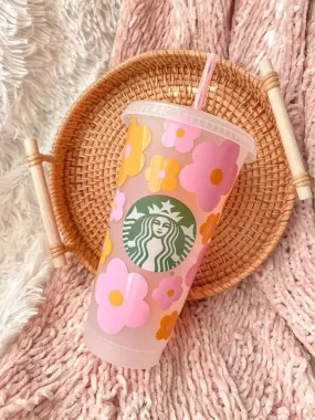 Myla Pink & Orange Retro Flowers Iced Coffee Starbucks Cup