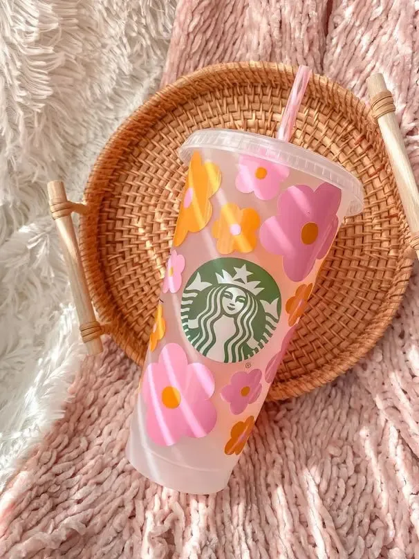 Myla Pink & Orange Retro Flowers Iced Coffee Starbucks Cup