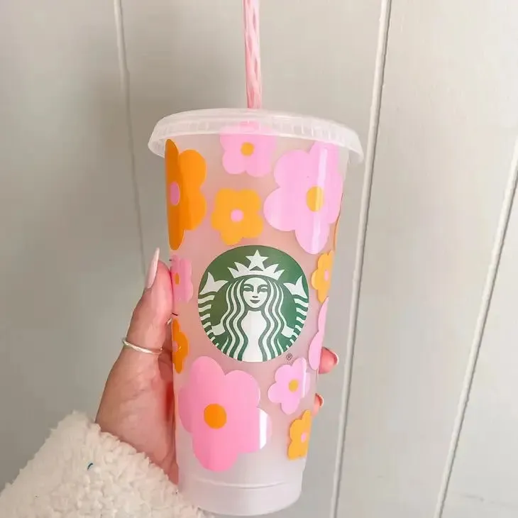Myla Pink & Orange Retro Flowers Iced Coffee Starbucks Cup