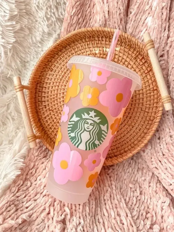 Myla Pink & Orange Retro Flowers Iced Coffee Starbucks Cup