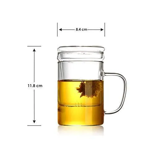 Octavius Borosilicate Glass Green Tea Cup with Infuser and Lid - 350 ml