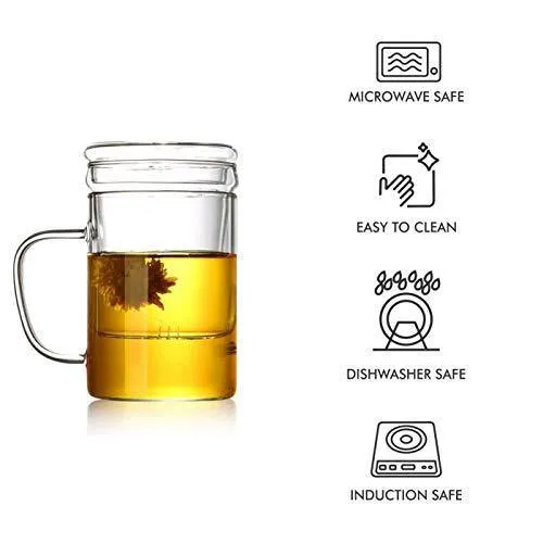 Octavius Borosilicate Glass Green Tea Cup with Infuser and Lid - 350 ml