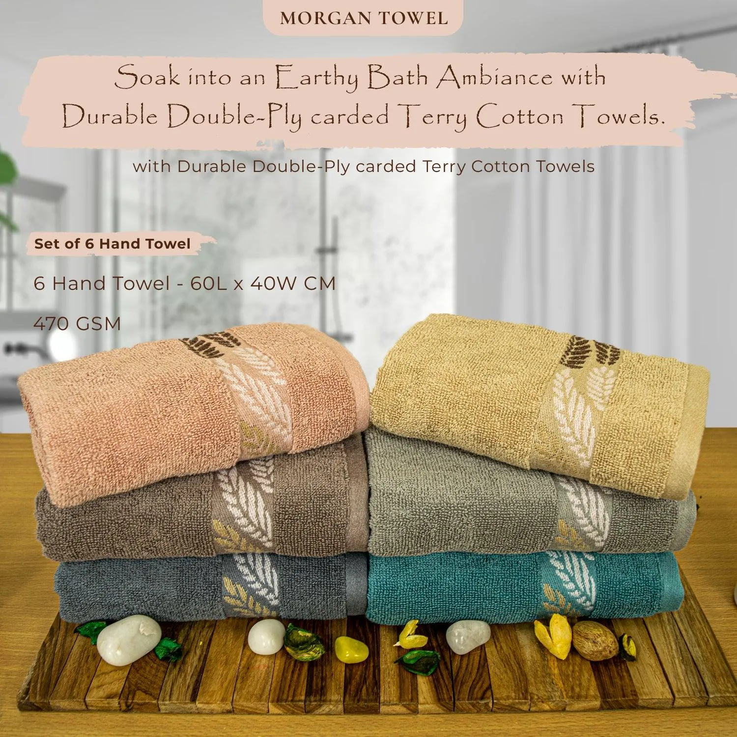 Rangoli Morgan 470 GSM 100% Cotton 6 Hand Towels