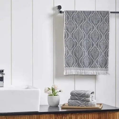 Trident Boho Hand Towel And Wash Cloth - Fringe Towel Set - Grey