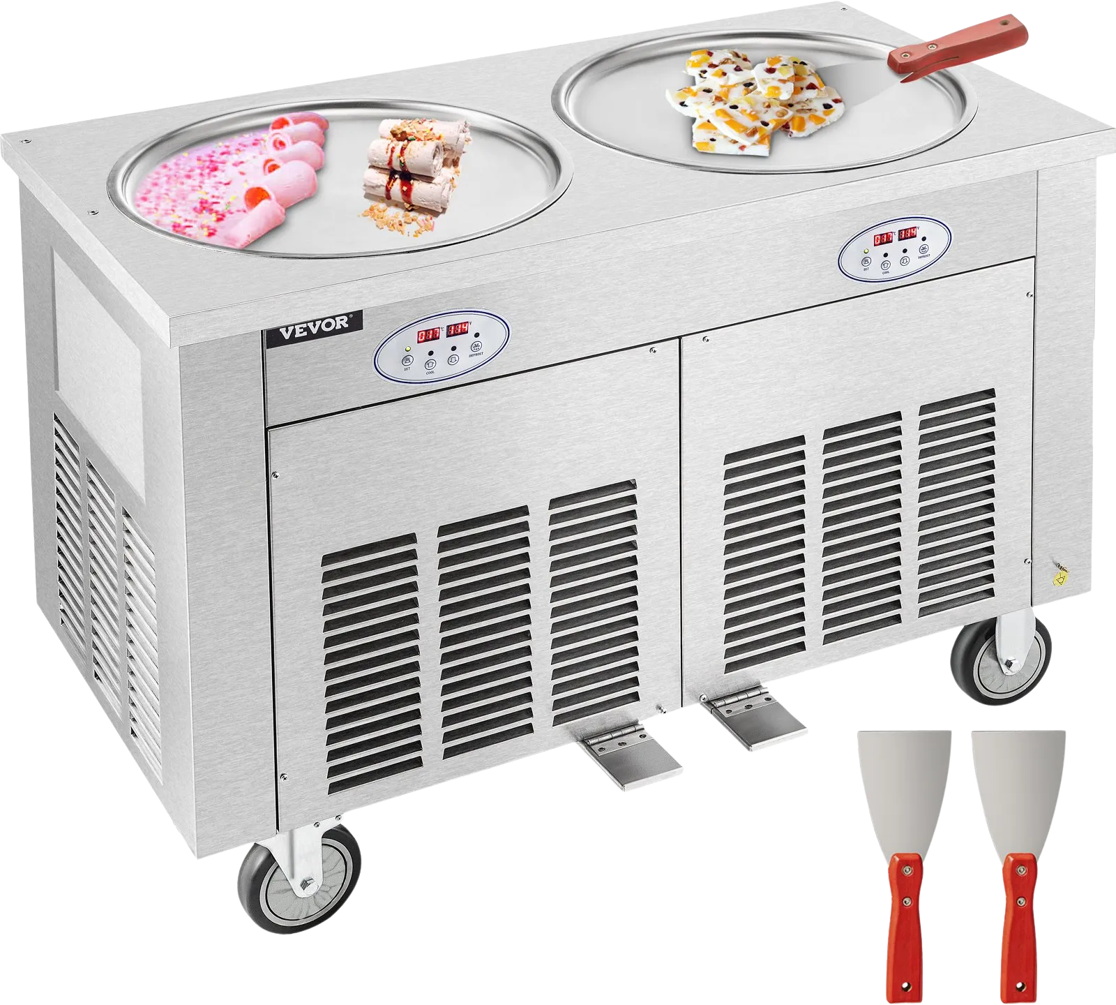 Vevor Ice Cream Roll Machine 1800W 2 Round Pans 17.7" Commercial Stainless Steel 2 Scrapers New